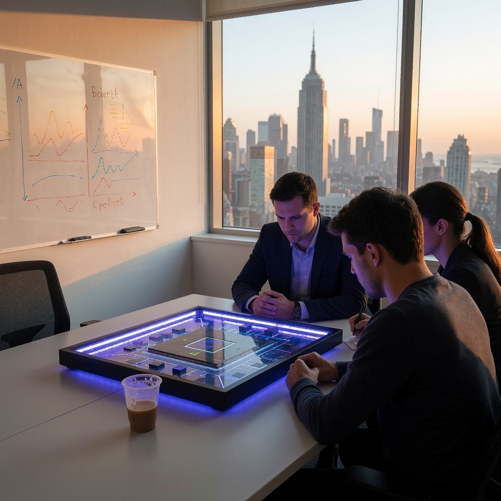 Un bureau épuré avec une grande fenêtre donnant sur une ville au coucher de soleil, projetant une lumière dorée dans la pièce. Une équipe d’ingénieurs examine un prototype de puce ASIC sous éclairage UV, mettant en valeur son emballage avancé et son efficacité énergétique. À côté, un tableau blanc (sans texte) affiche des métriques de performance IA avec des marqueurs colorés, tandis qu’une tasse de café à moitié vide trône sur le bureau. ---