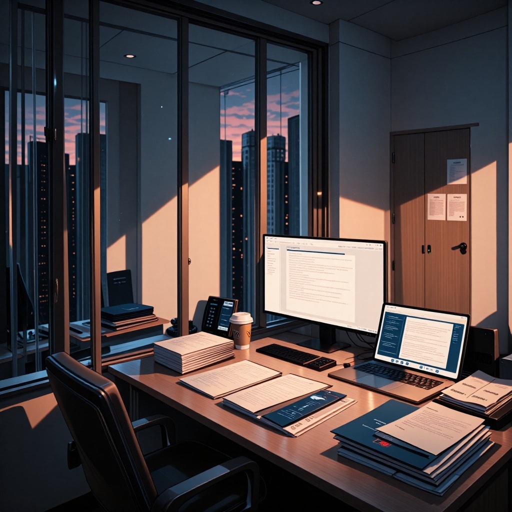 Bureau sombre d’un expert-comptable en soirée, éclairé par un écran de logiciel financier et des dossiers éparpillés sur le bureau. Une lumière bleutée filtre à travers une fenêtre ouverte vers la ville au crépuscule, soulignant l’ombre d’un ordinateur portable ouvert avec des fichiers chiffrés et des icônes d’alerte. Un téléphone sonne sans réponse près d’une tasse de café intacte. ---