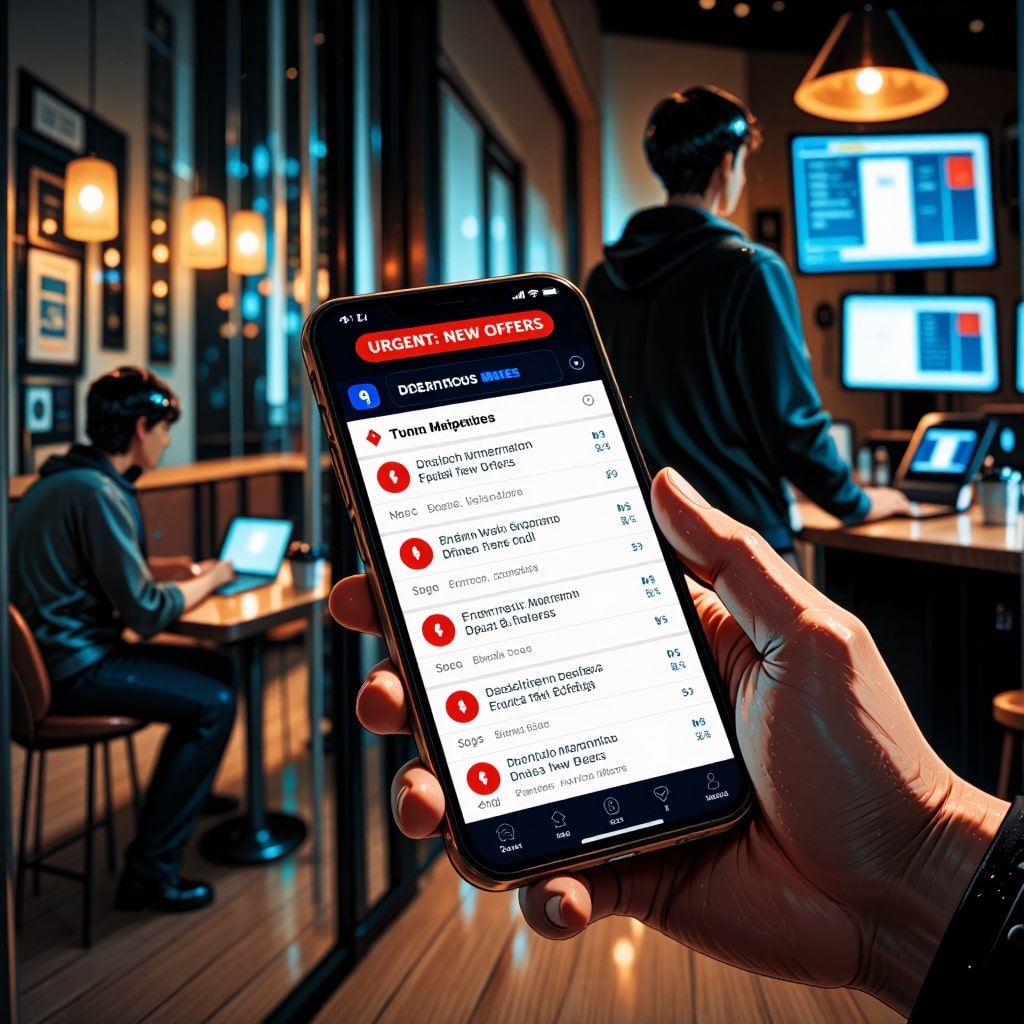 Main tenant un smartphone affichant une interface de marché noir avec des offres de données d’entreprise volées (comptes annuels, bulletins de salaire, déclarations fiscales) marquées par une bannière rouge