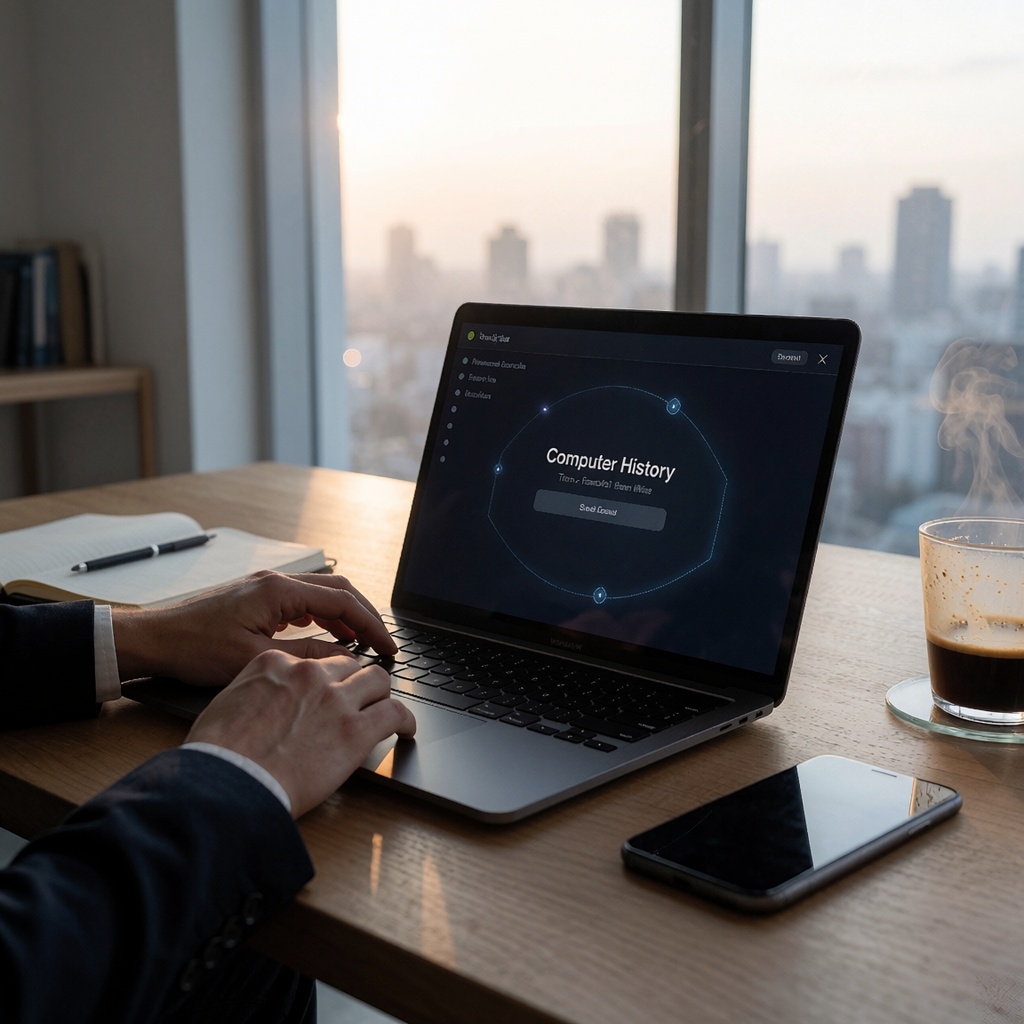 Un bureau moderne éclairé par une lumière naturelle douce, avec vue sur une ville en soirée. Une personne travaille devant un MacBook dont des indicateurs clignotent discrètement, suggérant l’enregistrement des actions. Un smartphone posé à côté et une tasse de café vide renforcent l’ambiance professionnelle. ---