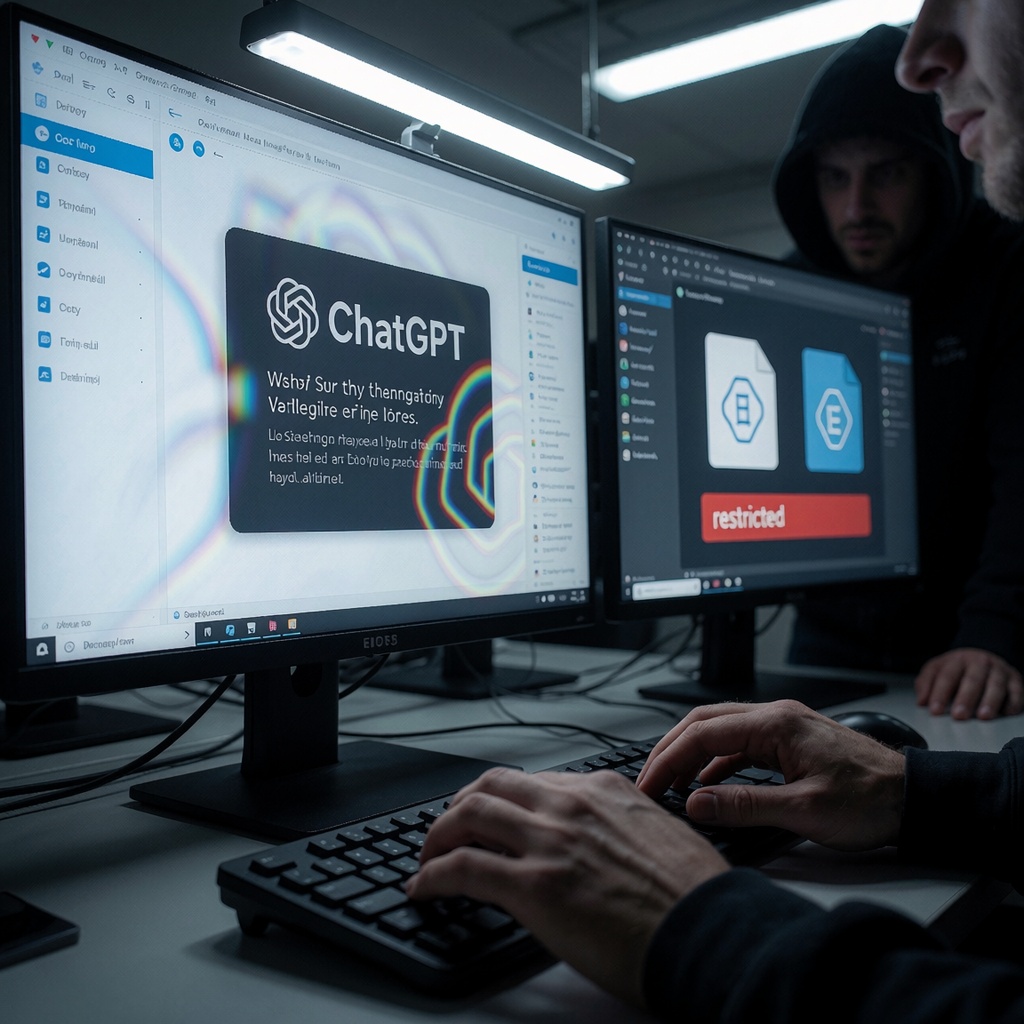 Mains tapant sur un clavier sous un éclairage fluorescent dans un bureau, devant des écrans affichant des alertes et des fichiers chiffrés. Une silhouette floue en arrière-plan renforce la sensation de surveillance discrète. ---