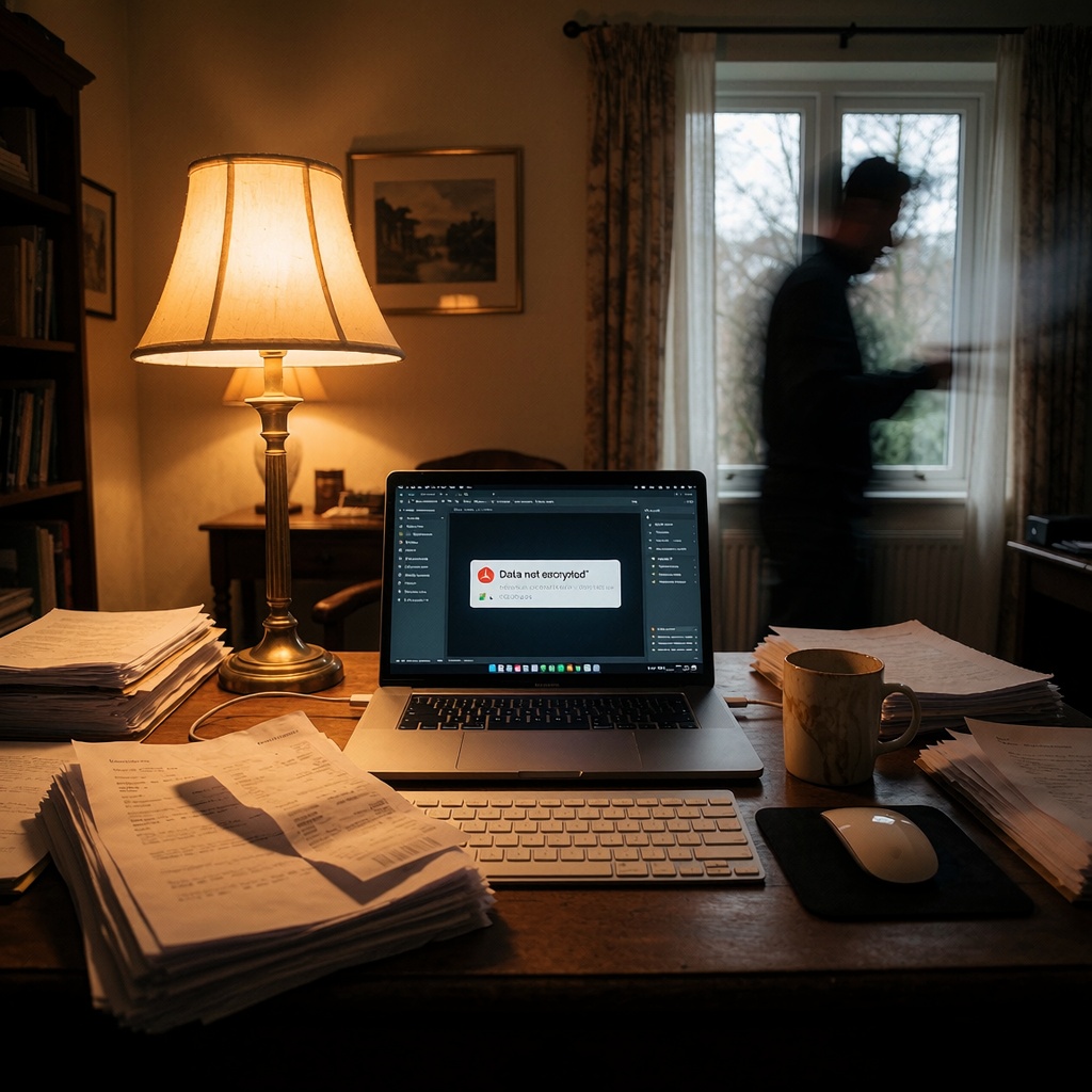 OpenAI lance Computer History : ton ordinateur devient-il un journal intime numérique ? — image3 Un bureau domestique mal organisé éclairé par une lampe à ampoule chaude, avec un ordinateur affichant un avertissement de sécurité et des documents sensibles éparpillés. Une silhouette floue près d’une fenêtre ajoute une tension subtile. ---