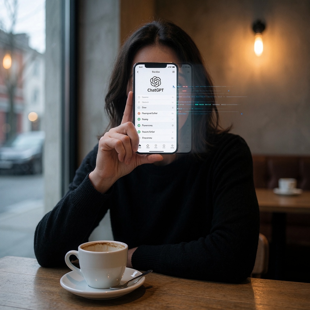 Portrait en tons séparés d’une personne dans un café minimaliste, son visage partiellement voilé par l’écran de son téléphone affichant des traces de données fantomatiques. Une tasse d’espresso à moitié bue souligne le dilemme. ---