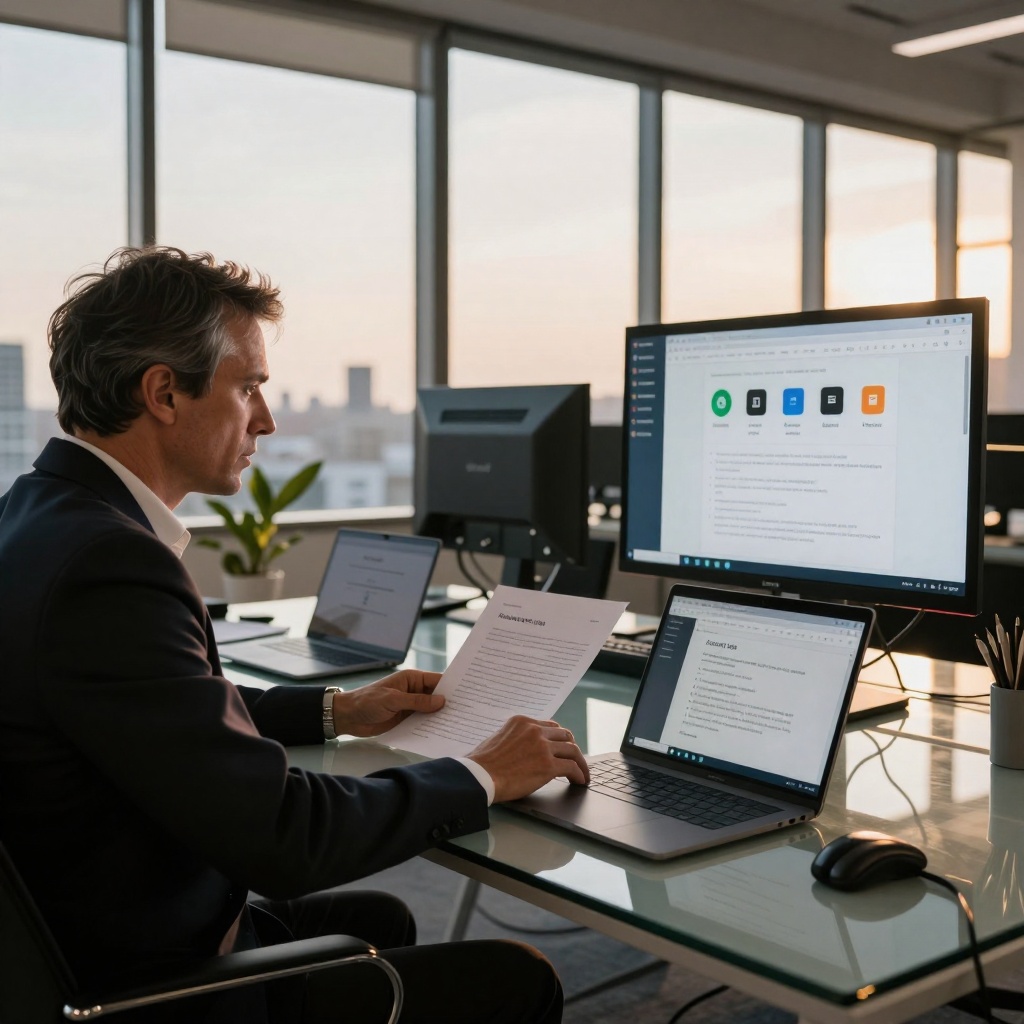 Un professionnel en entreprise examine des documents sur un bureau moderne avec éclairage naturel latéral, tandis que des écrans affichent des interfaces de Copilot et des onglets de navigateur partiellement masqués. L’ambiance reflète une réflexion sur les limites des contrôles d’accès aux sources en ligne pour sécuriser les réponses IA. ---