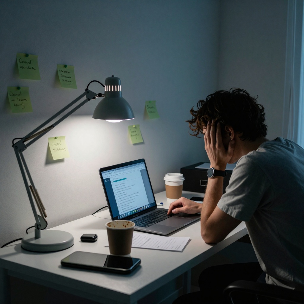 Un bureau domestique éclairé par une lampe de chevet montre un utilisateur frustré devant son ordinateur, confronté à des sites bloqués par Copilot mais accessible via d’autres moyens, illustrant les failles du système de restriction. ---