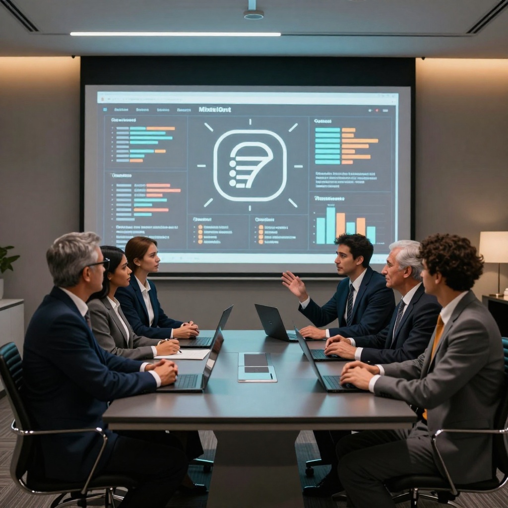 Microsoft abandonne la fonction ‘Domain Exclusion’ pour Copilot : pourquoi cette approche a échoué ? — image3 Une salle de réunion moderne avec un écran projetant des données abstraites montre des collaborateurs discutant autour d’une table, l’un indiquant un symbole de liste blanche, évoquant une transition vers des approches plus permissives en gestion IA. ---