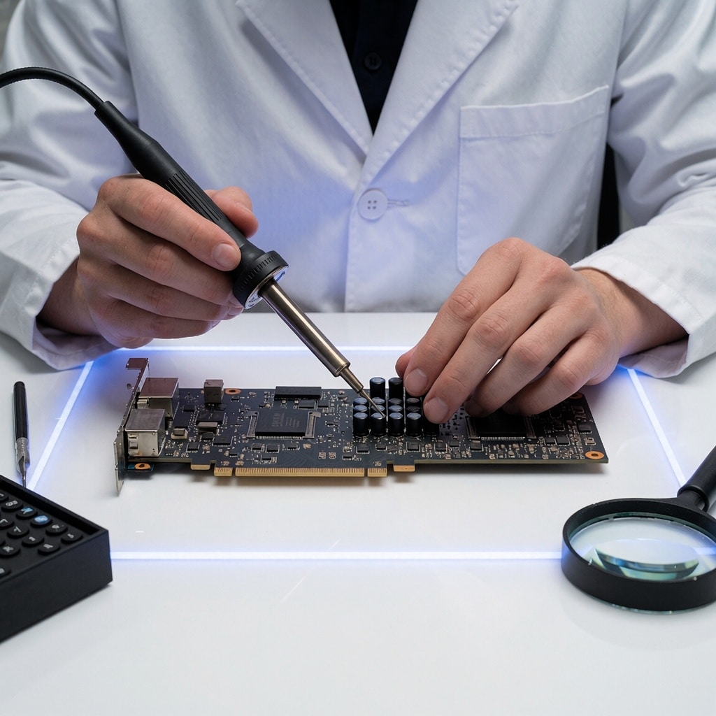 Plan rapproché d’un professionnel en blouse blanche souillant des condensateurs sur une carte graphique Nvidia avec un fer à souder fin. L’éclairage bleu doux met en valeur la précision du travail dans un environnement épuré. ---