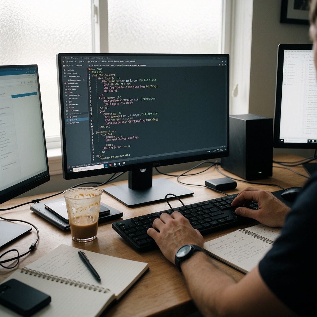 Nvidia CMP 170HX : comment débrider 56 Go de VRAM cachés par un bug de firmware — image3 Plan large d’un bureau de passionné de tech encombré mais organisé, éclairé par la lueur bleutée d’un terminal Linux affichant des commandes. Les notes et écrans secondaires créent une ambiance immersive dans un espace dédié aux tests techniques. ---