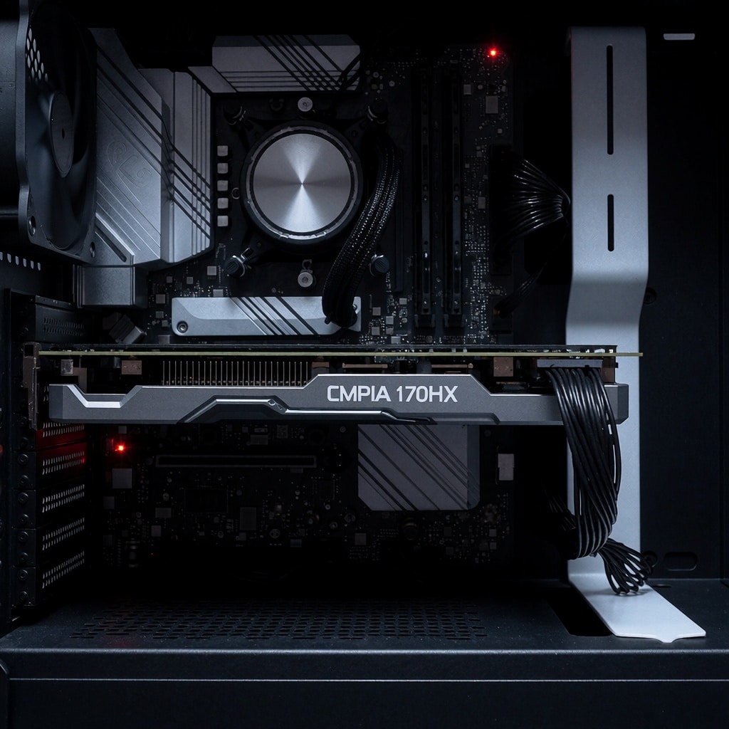 Vue plongeante d’une carte graphique Nvidia CMP 170HX installée dans un boîtier ouvert, avec des câbles bien rangés mais des composants visibles à travers la structure. L’éclairage contrasté met en valeur le potentiel latent du GPU, accentué par une LED rouge clignotante. ---