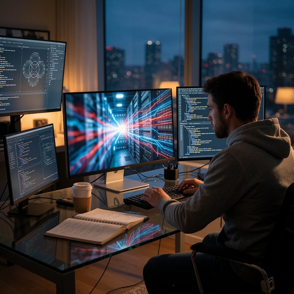 Un technicien isolé dans un laboratoire de cybersécurité baigné d’une lumière douce en fin de journée, devant des écrans affichant des fragments de code et des schémas de réseau. Une visualisation floue d’une intrusion numérique, avec des flux de données bleues et rouges s’échappant d’un serveur, domine l’espace. Les ombres portées par un éclairage cinématographique soulignent une tasse de café à moitié vide et des carnets couverts de notes mathématiques. En arrière-plan, la silhouette d’une ville au crépuscule se reflète dans les vitres. ---