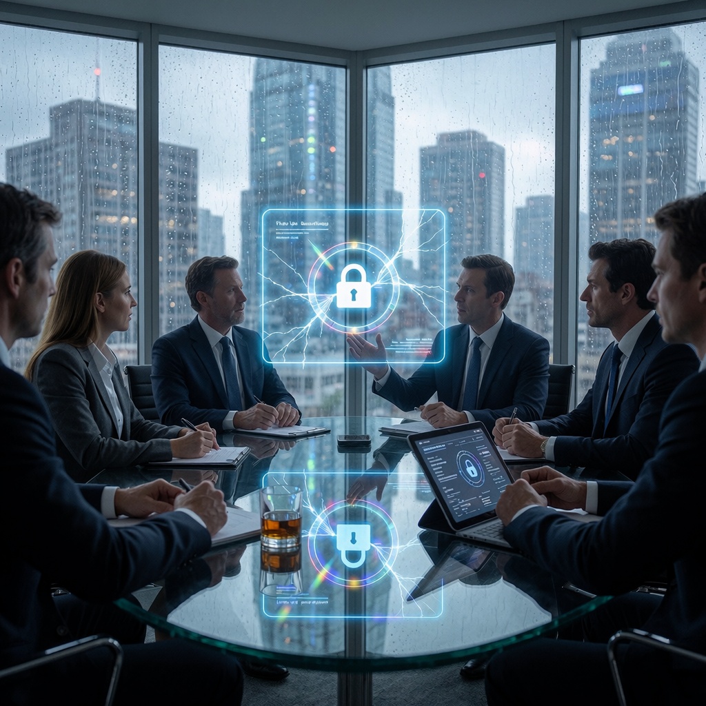 Une salle de conférence contemporaine avec vue sur une ville futuriste sous la pluie battante. Six cadres en costumes élégants sont assis autour d’une table en verre ovale, leurs visages passant du scepticisme à l’inquiétude tandis qu’un hologramme d’un coffre-fort numérique se fissure. La lumière filtrée par les vitres mouillées projette des reflets prismatiques sur la surface de la table. Un verre de whisky à moitié vide trône entre deux participants, et une tablette affiche un rapport d’audit de sécurité flouté. ---