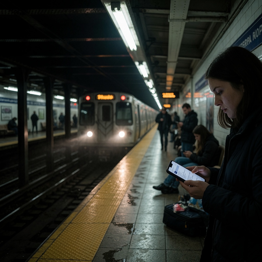 Une gare souterraine la nuit, où une personne isolée se tient sur un quai en tenant un smartphone affichant une notification floutée concernant une alerte de sécurité IA. Les néons clignotent faiblement, projetant des ombres inquiétantes sur les carreaux humides et les bagages abandonnés. Un train distant gronde au loin, ses phares perçant l’obscurité à son approche. Le visage de la personne reflète un mélange d’inquiétude et de résignation tandis qu’elle observe les autres voyageurs, tous absorbés par leurs écrans. L’ambiance dégage une tension discrète, soulignant les risques invisibles du quotidien technologique. ---