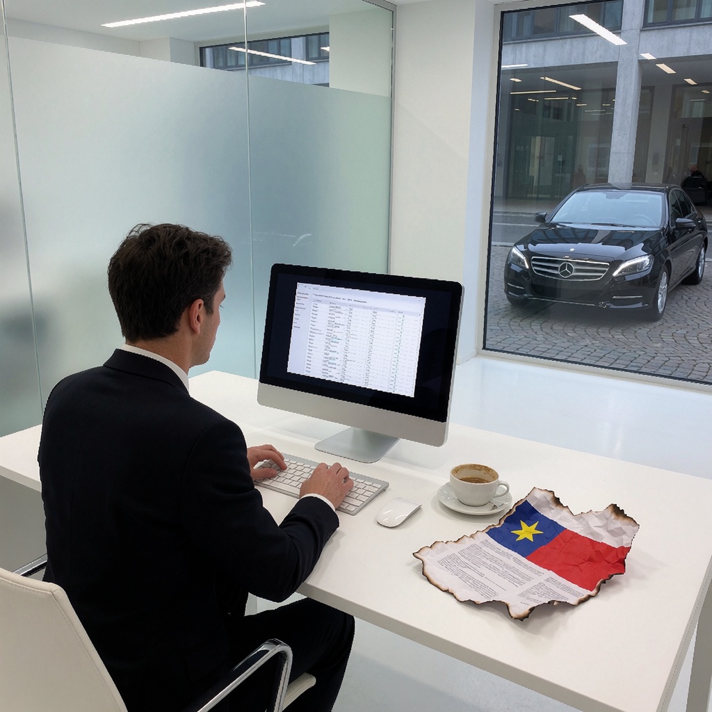 Bureau minimaliste dans un quartier financier du Liechtenstein, éclairé par une lumière froide. Une personne vêtue d’un costume noir fixe une feuille blanche, comme si elle attendait des informations qui ne viennent pas. Un gobelet de café à moitié vide et un drapeau liechtensteinois froissé (avec des traces de brûlure) traînent sur le bureau. En dehors, une voiture noire stationnée sur une rue pavée reflète la pénombre du bureau. ---