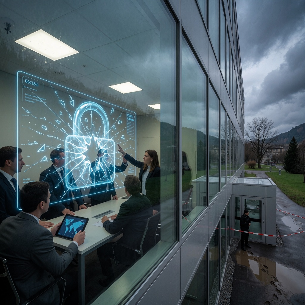 Piratage historique au Liechtenstein : 31 000 fortunes démasquées en une nuit — image3 Vue aérienne d’un bâtiment gouvernemental moderne à Vaduz, ses vitres reflétant un ciel orageux. À l’intérieur, une équipe en cellule de crise observe une projection holographique d’une serrure numérique brisée en morceaux. Un responsable en costume sombre indique des données projetées, tandis qu’un autre consulte une tablette avec une carte floue des flux mondiaux. Dehors, du ruban de police bloque une entrée latérale où des empreintes boueuses mènent à une flaque d’eau. ---