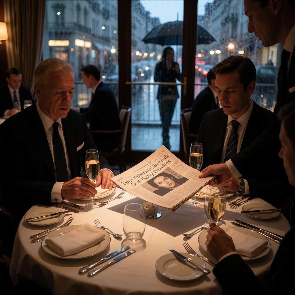 Restaurant haut de gamme dans un hôtel zurichois, éclairé par des bougies et des lumières tamisées. Deux hommes (l’un âgé, l’autre plus jeune) fixent intensément une feuille de journal posée entre eux, les mains crispées autour de leurs verres. L’extérieur est flouté par la pluie qui frappe les vitres, tandis qu’un parapluie noir reste près de l’entrée, comme si quelqu’un devait partir en urgence. ---