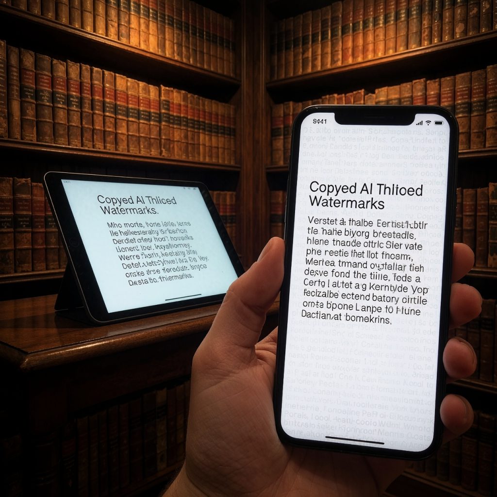 Un coin de bibliothèque éclairé par une lumière chaude et tamisée, mettant en valeur des étagères anciennes remplies d’ouvrages en cuir et d’appareils numériques modernes. Un smartphone affiche un extrait de texte copié avec des motifs de filigrane à peine perceptibles sous zoom, tandis qu’une tablette montre le même contenu sans trace visible. ---