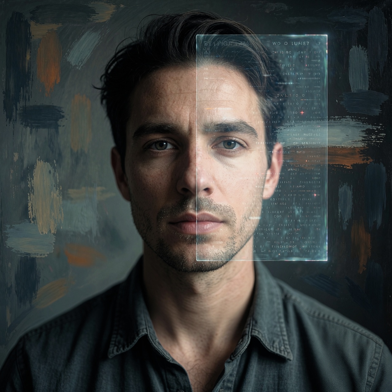Anthropic adopte les watermarks pour ses modèles IA : transparence obligatoire sous l’AI Act européen — image3 Un portrait en lumière contrastée d’un professionnel créatif dans un studio tamisé, partiellement masqué par une projection holographique évoquant des motifs de filigrane numérique. En arrière-plan, des traits abstraits suggèrent le mélange entre art humain et assistance IA. ---