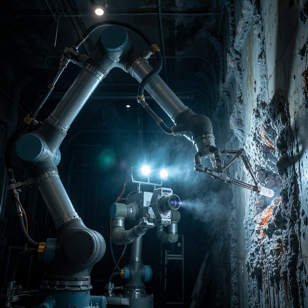 Intérieur d’un réacteur nucléaire endommagé à Fukushima Daiichi : un bras robotisé articulé manipule des dépôts de corium fondu sur du béton fissuré. Un drone explorateur capte une échantillon dans une zone faiblement éclairée par des projecteurs intégrés, tandis que des particules radioactives flottent en suspension. ---