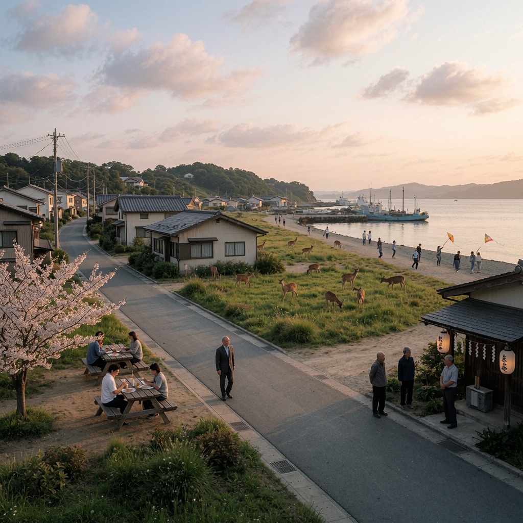Village côtier près de Fukushima au crépuscule : des familles se retrouvent dans des rues réaménagées sous les cerisiers en fleurs, tandis que des cerfs broutent sur une colline à l’arrière-plan. Les habitants, dont certains âgés, discutent près d’un petit sanctuaire éclairé par des lanternes en papier. ---