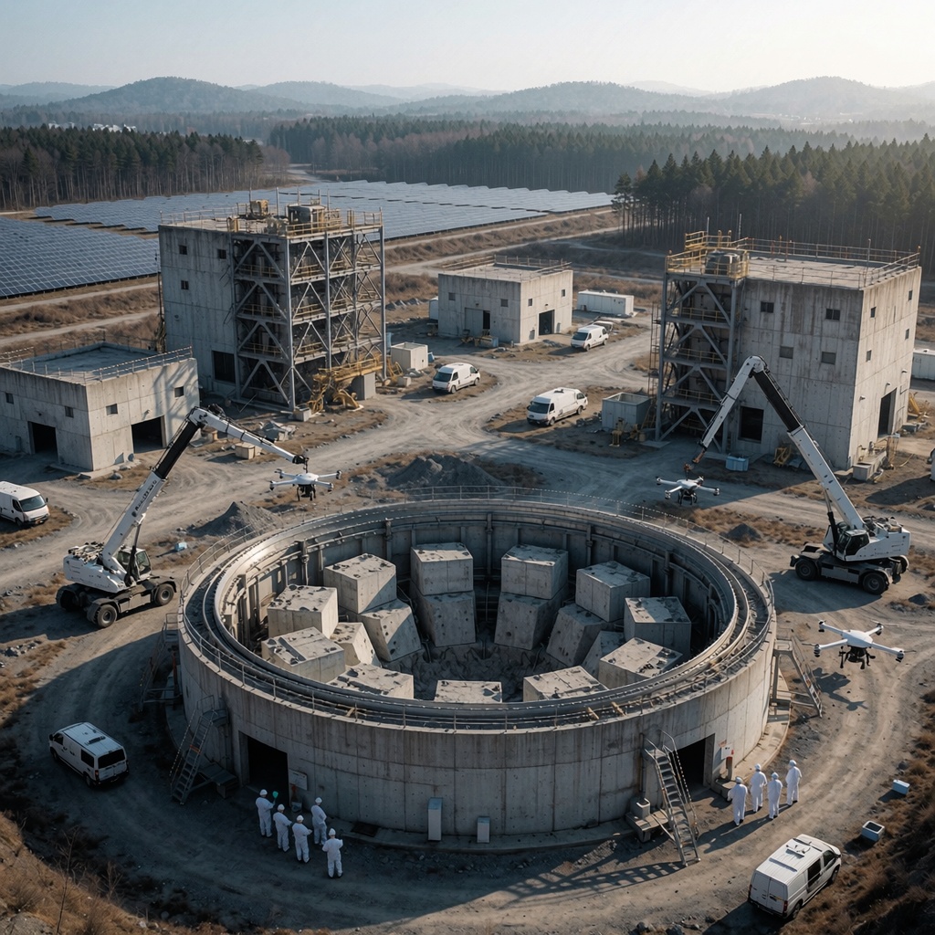 Fukushima Daiichi : les robots face au défi du corium et la lente résilience nucléaire — image3 Site de la centrale Fukushima Daiichi en 2045 : des ingénieurs inspectent un conteneur blindé contenant du corium vitrifié, tandis que des drones et grues robotisées surveillent une zone décontaminée. À l’arrière-plan, une ferme solaire et une forêt restaurée contrastent avec les vestiges des réacteurs. ---