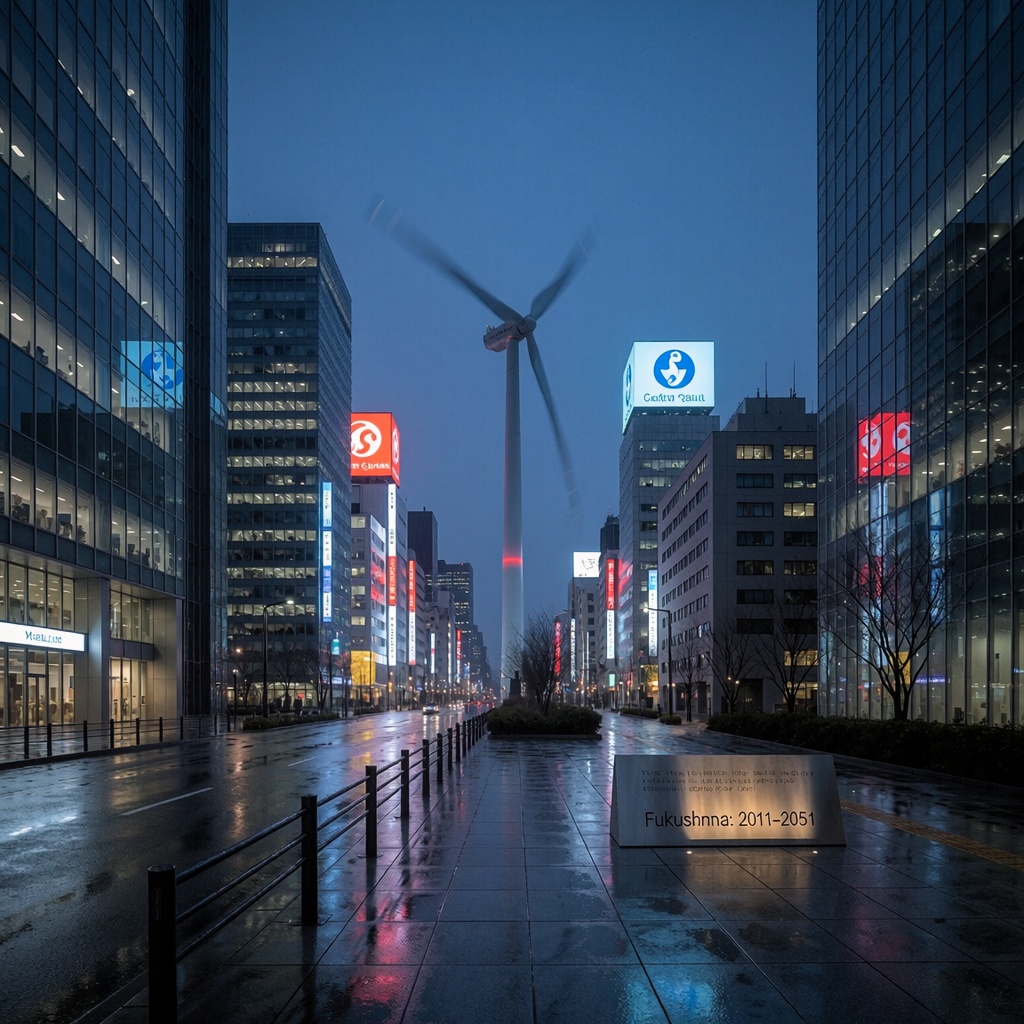 Ciel nocturne de Tokyo avec une éolienne moderne et un discret mémorial incrusté dans le trottoir, évoquant la résilience post-Fukushima. L’architecture contemporaine reflète une ville ayant tourné la page vers l’avenir. ---