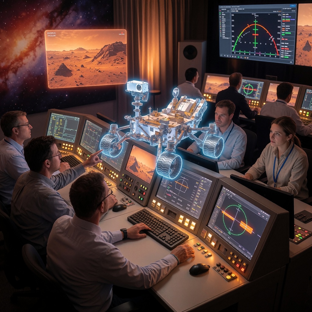 Un plan serré du centre de contrôle du JPL montrant des ingénieurs analysant en temps réel les données de dérapage des roues du rover Curiosity sur un écran holographique. L’éclairage chaud met en valeur leurs expressions concentrées, tandis que l’arrière-plan révèle des moniteurs affichant la topographie martienne et les ajustements en cours. ---