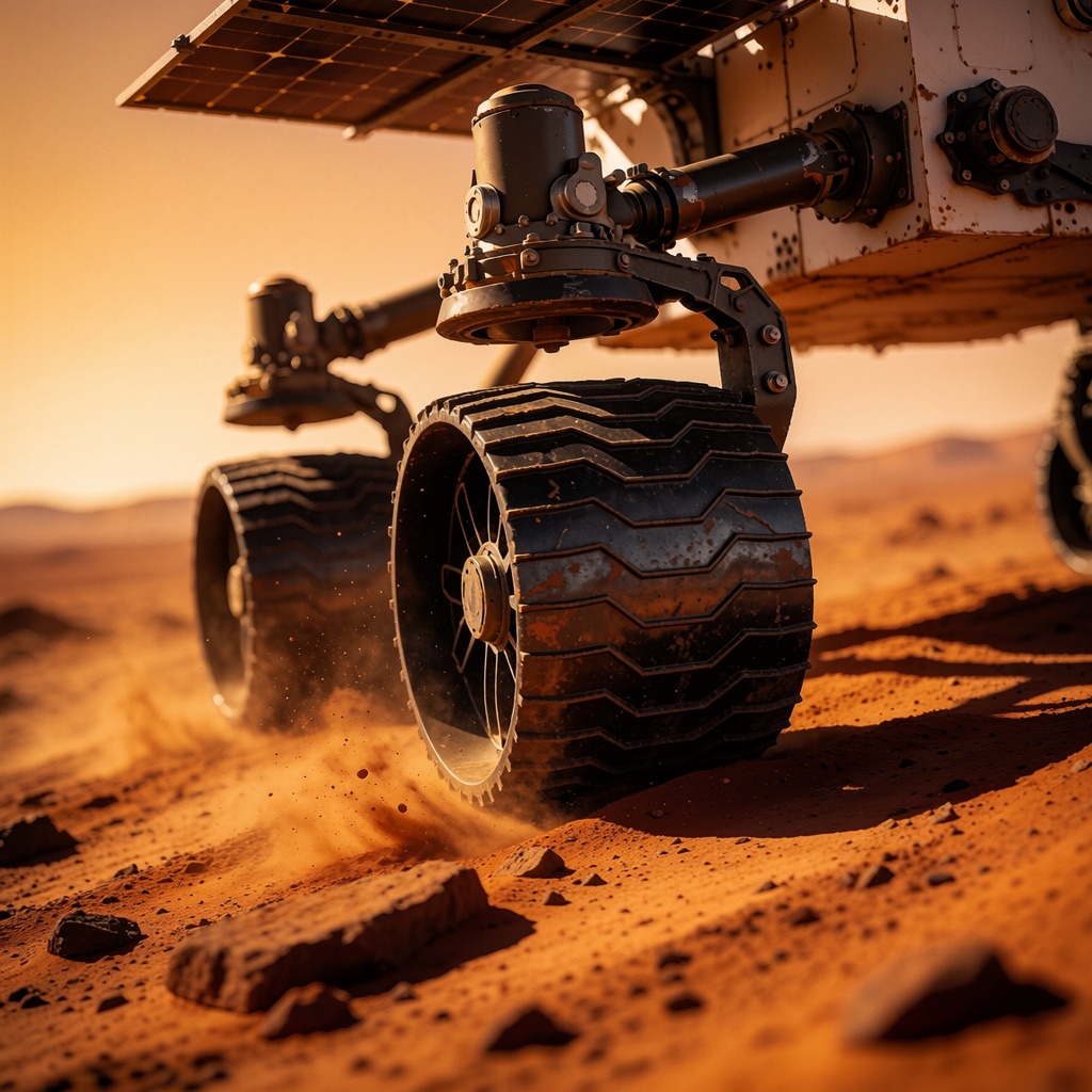 Un gros plan réaliste des roues du rover Curiosity sur un sol martien simulé, avec une roue ajustant sa vitesse pour éviter les cailloux acérés. La lumière dorée met en valeur la poussière soulevée et les imperfections des pneus, tandis qu’un horizon flou à l’arrière-plan évoque le ciel orange de Mars. ---