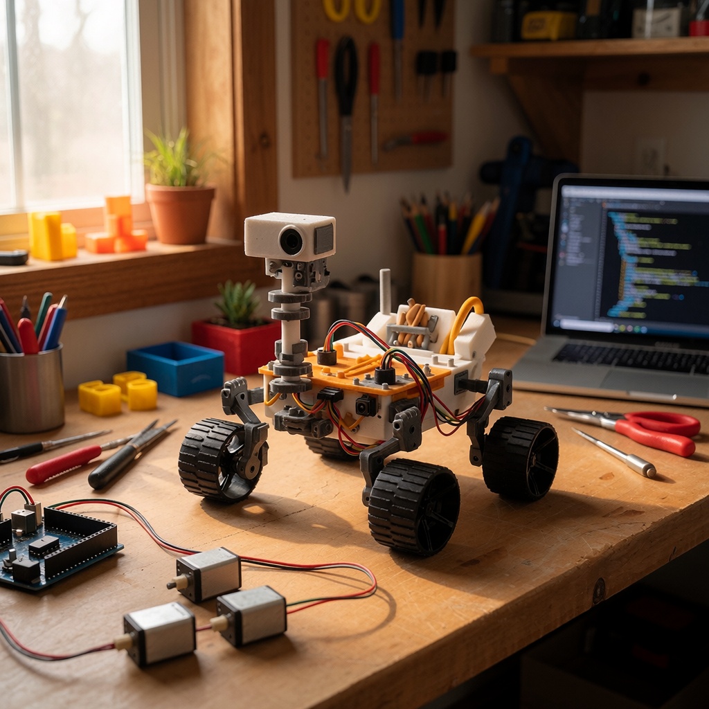 Comment la NASA a sauvé les roues du rover Curiosity avec un algorithme ingénieux — image3 Un atelier bricolage montrant un mini-rover imprimé en 3D sur un plan de travail, équipé de capteurs et d’un microcontrôleur pour ajuster la vitesse des roues. La lumière naturelle filtre à travers une fenêtre, éclairant les outils et les pièces plastiques avec réalisme. ---