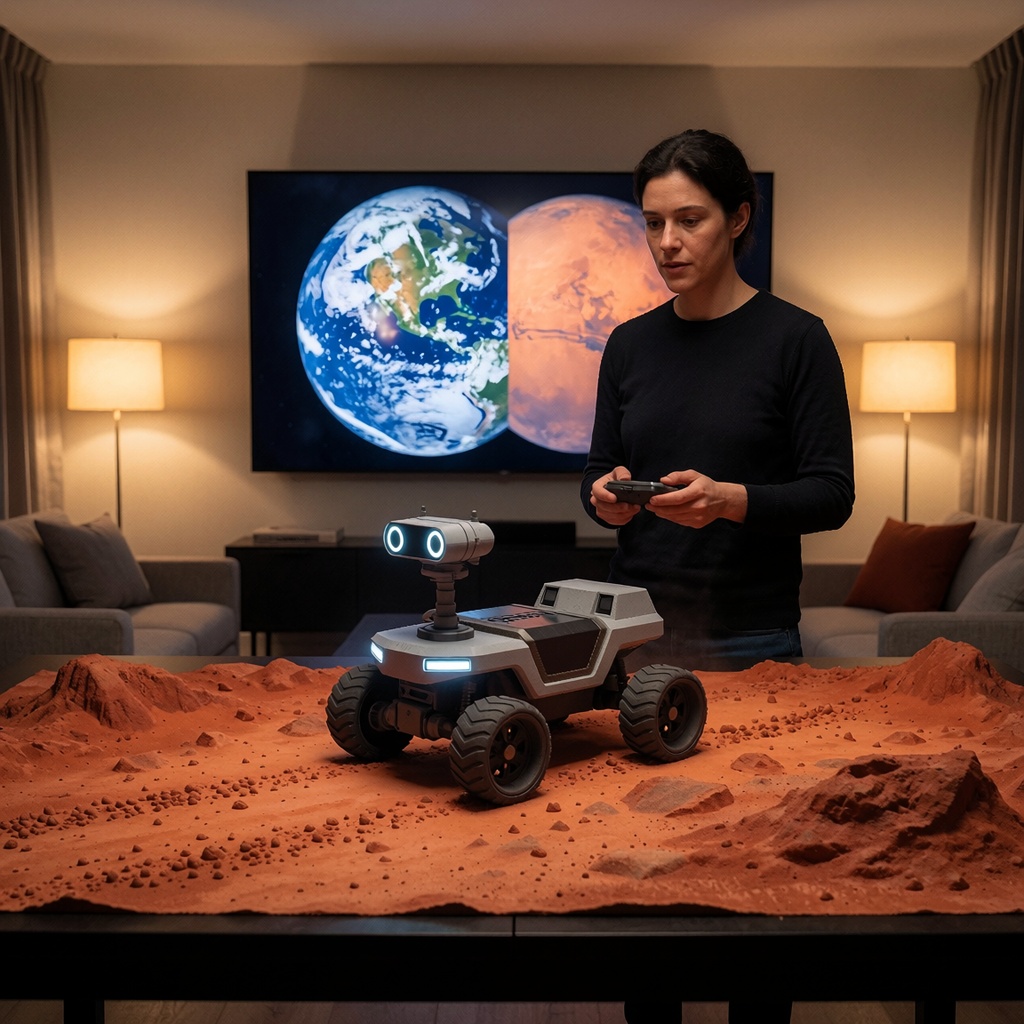 Une personne testant un mini-rover amélioré sur une surface martienne simulée dans un salon moderne, éclairé par des lampes douces. Le fond montre un écran comparant la Terre et Mars, tandis que le rover se déplace avec précision sous ses doigts. ---