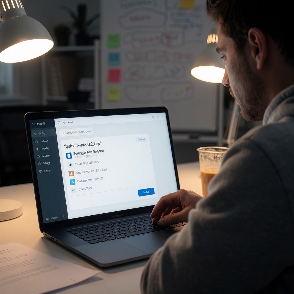 Un développeur dans un bureau éclairé par une lumière douce examine un package logiciel suspect suggéré par son assistant IA sur un écran d’ordinateur portable. L’environnement professionnel montre des notes techniques et un café à moitié vide, reflétant la prudence avant l’installation. ---