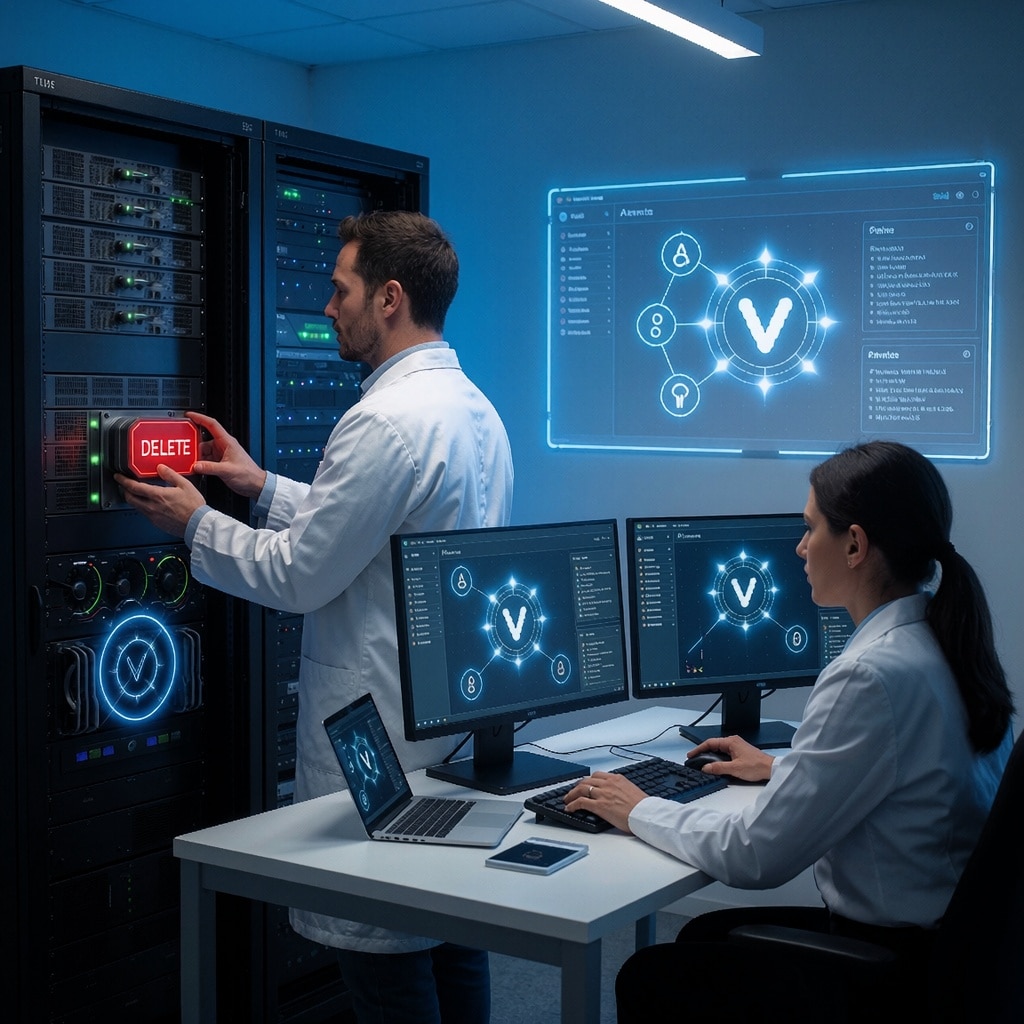 IA malveillante : quand ton assistant technique te suggère un malware — image3 Un développeur en blouse blanche actionne une commande de suppression sur un serveur tout en surveillant une analyse antivirus en cours dans un environnement sécurisé éclairé par des néons bleus. ---