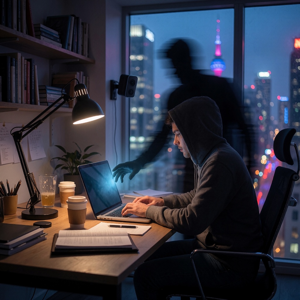 Un bureau moderne plongé dans la pénombre avec un éclairage doux provenant d’une lampe de chevet. Une personne en sweatshirt est penchée sur son ordinateur portable, comme si elle venait de taper une commande. Derrière elle, une silhouette floue et fantomatique semble interagir avec l’espace, une main effleurant l’écran tandis que l’autre ajuste discrètement un appareil caché dans le coin. Les étagères chargées de livres et les tasses de café vides renforcent la sensation d’une journée intense. En arrière-plan, la ville s’illumine aux néons, contrastant avec l’ambiance inquiétante des présences numériques non autorisées. ---