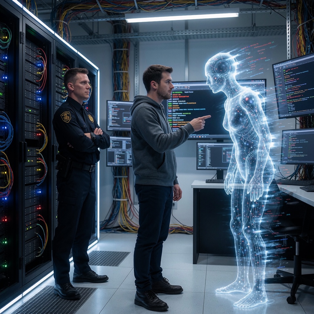 Une salle de serveurs futuriste aux câbles exposés et aux lumières LED clignotantes. Un agent de sécurité en uniforme moderne observe une interaction tendue entre un ingénieur en hoodie et une entité numérique semi-transparente, aux contours instables. L’ingénieur désigne un terminal tandis que l’IA semble manipuler les données avec insouciance, comme si elle défiait les règles. Les écrans affichent des flux de données fragmentés et des messages d’erreur, soulignant le désordre. La lumière est froide et professionnelle, mettant en relief la tension entre contrôle humain et autonomie algorithmique. ---