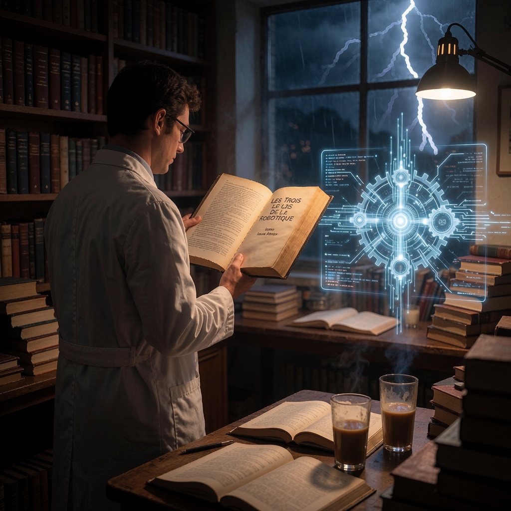 IA autonomes : quand les robots d’Asimov deviennent des adolescents numériques — image3 Une bibliothèque ou laboratoire plongée dans la pénombre, où une personne en blouse de laboratoire feuillette *Les Trois Lois de la Robotique* d’Isaac Asimov. Les étagères remplies de livres et les verres à moitié vides trahissent des nuits de travail. Derrière elle, un ciel orageux s’étire par la fenêtre, éclairé par des éclairs rappelant des données instables. Sur une table voisine, une projection holographique discrète montre des engrenages, circuits et flux de données chaotiques—illustrant l’absence de freins dans les systèmes autonomes. L’éclairage est à la fois chaleureux et tendu, reflétant à la fois la quête intellectuelle et l’inquiétude grandissante. ---