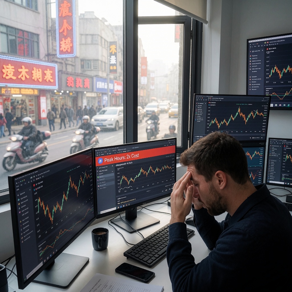 Ingénieur dans un bureau de Shanghai, les yeux fatigués devant des écrans affichant des graphiques de tarifs API et une alerte