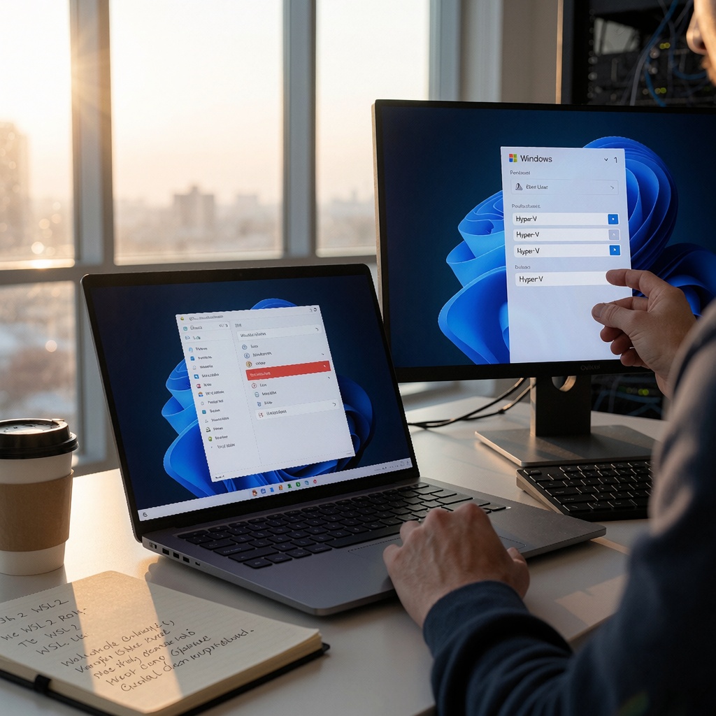 Un bureau Windows 11 éclairé naturellement par la lumière filtrant à travers de grandes fenêtres, montrant un écran BIOS/UEFI mettant en évidence l’option