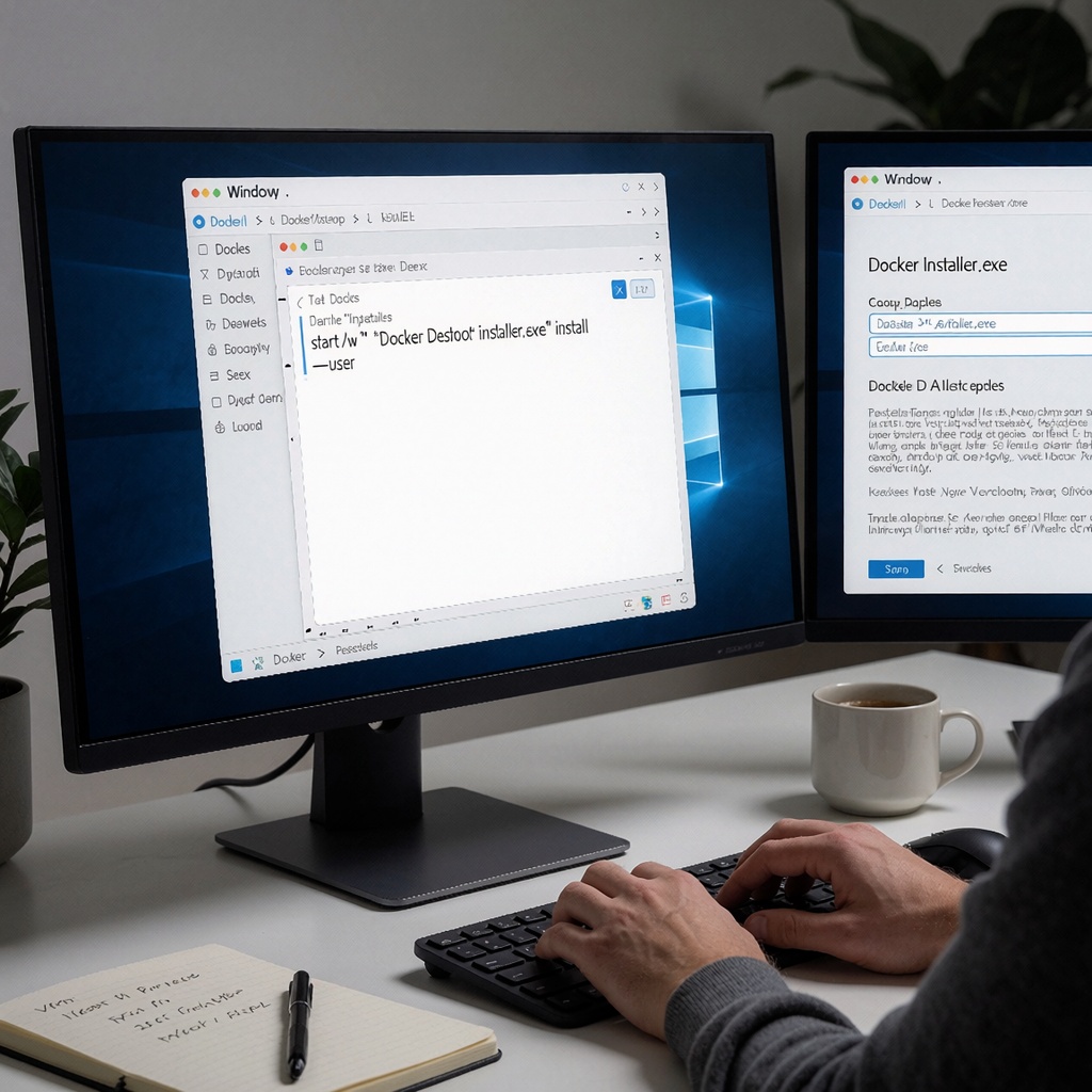 Un bureau Windows avec une fenêtre de terminal affichant la commande d’installation Docker en mode per-user et un écran secondaire montrant l’avancement de l’installation. Les mains saisissent les touches dans PowerShell en tant qu’administrateur, tandis qu’un carnet ouvert à côté suggère des notes préparatoires. ---