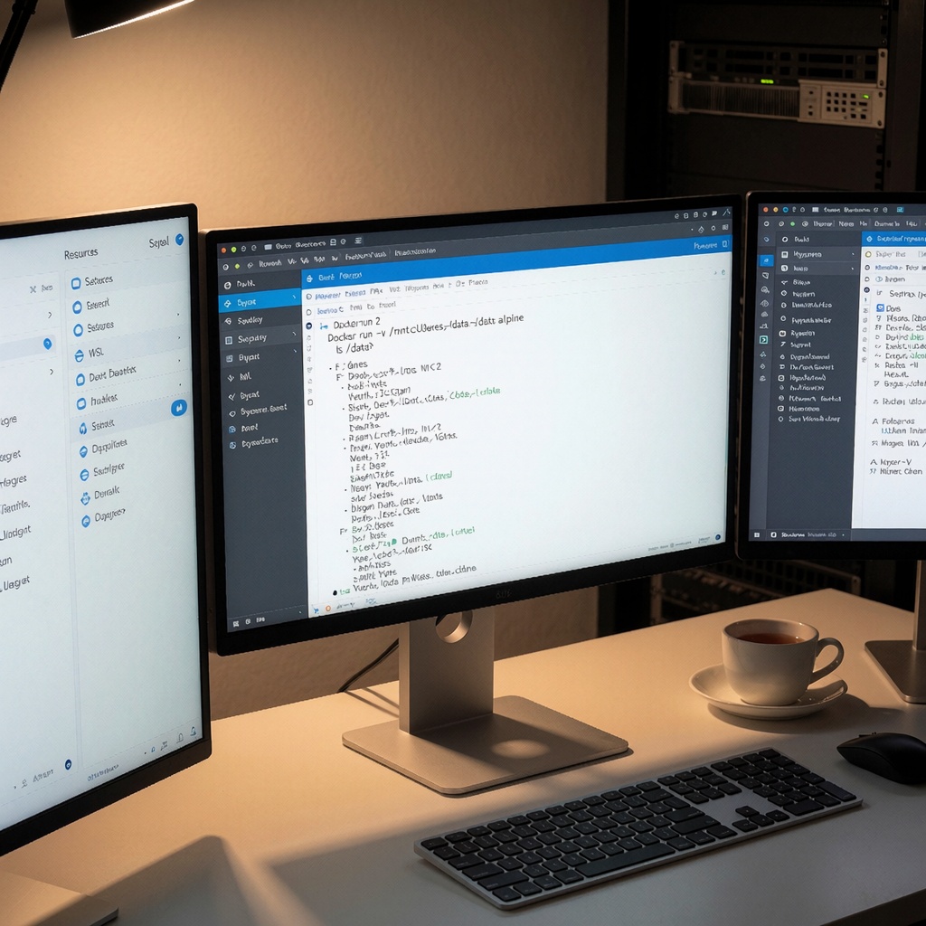 Dossier Technique Intermédiaire : Installation de Docker Desktop sur Windows — image3 Un poste de travail technique avec trois écrans : le central affiche un test d’accès aux volumes WSL 2 depuis un conteneur Alpine, tandis que les autres montrent les paramètres Docker et la vérification Hyper-V. Une ambiance professionnelle éclairée naturellement, avec une tasse de thé et des éléments de serveur en arrière-plan. ---