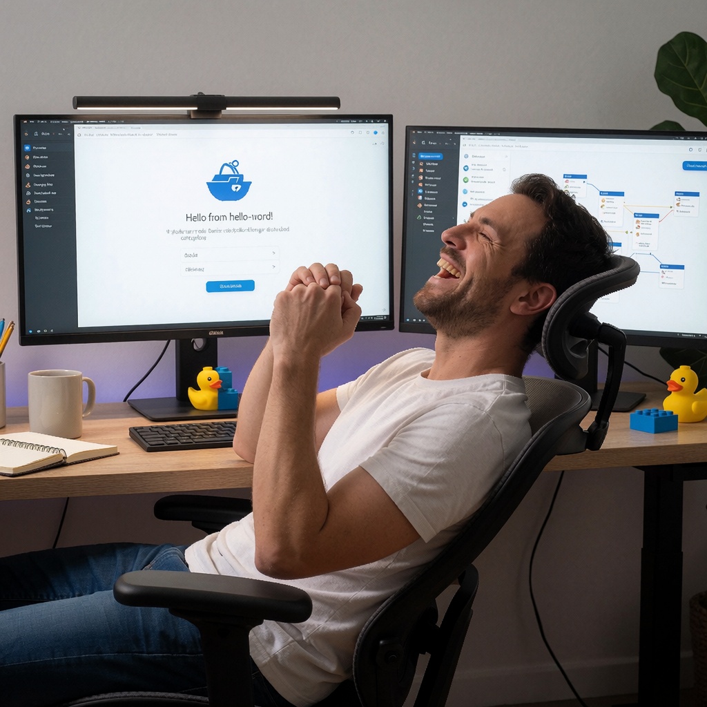 Un développeur souriante dans un poste de travail moderne, les pieds sur une table basse, devant trois écrans : l’un montre le message de succès du conteneur