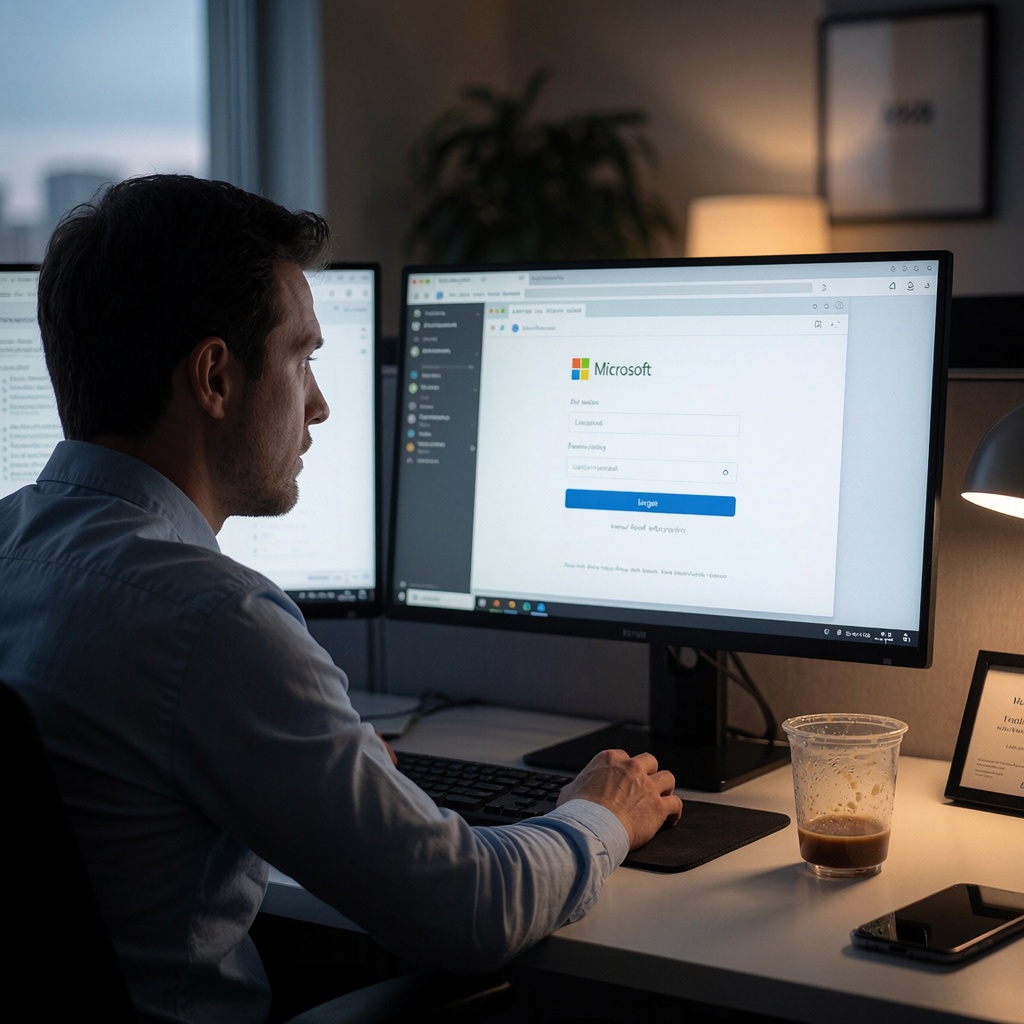 Un analyste en cybersécurité penché sur son écran dans un bureau éclairé par une lumière douce et cinématographique, observant une page de connexion Microsoft suspecte sans avertissement visible. Son regard concentré reflète l’inquiétude face à une menace silencieuse. Une tasse de café refroidit à côté, tandis que des éléments discrets comme un téléphone flouté et un cadre professionnel renforcent le contexte technique. ---