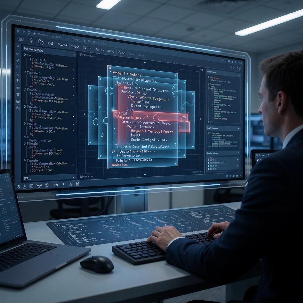 Ghost Phishing : la nouvelle menace invisible qui contourne les pare-feu traditionnels — image3 Une salle de contrôle moderne avec un écran central affichant une simulation en temps réel du décryptage d’un lien malveillant dans un environnement sécurisé. Un analyste observe attentivement la décomposition dynamique des données chiffrées, illustrant une approche proactive et transparente pour contrer les attaques invisibles. ---