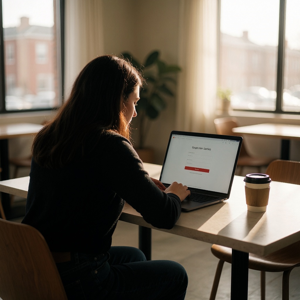 Une personne assise dans un cadre domestique ou un café, éclairée par une lumière naturelle apaisante, fixant son écran où s’affiche une page de connexion anodine mais potentiellement piègeuse. L’ambiance suggère la vulnérabilité quotidienne face à des attaques discrètes et insidieuses. ---