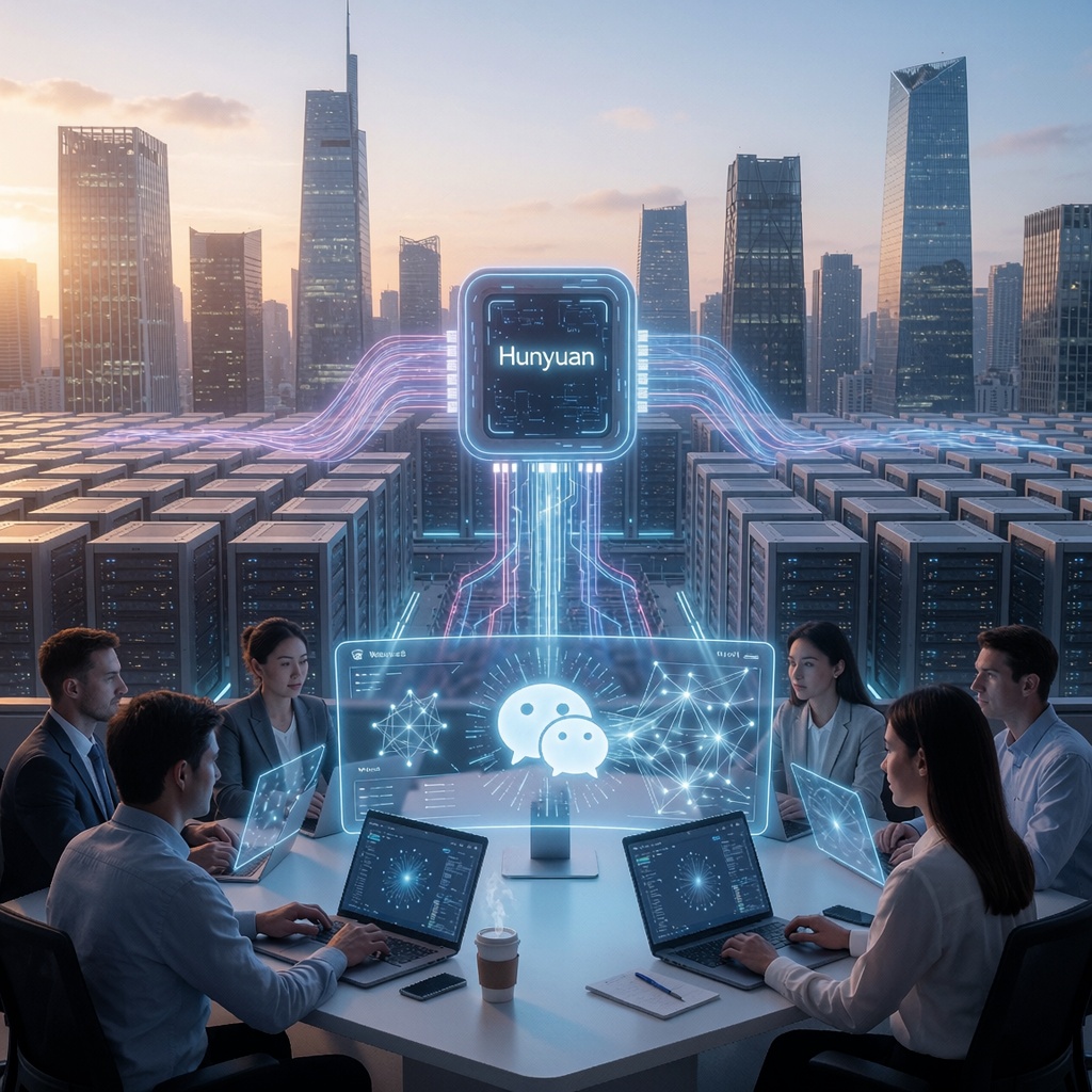 Bureau moderne éclairé par une lumière bleutée en soirée, avec des collaborateurs travaillant autour d’écrans holographiques affichant des visualisations de réseaux neuronaux intégrés à l’interface de WeChat. En arrière-plan, un data center futuriste connecté à un cœur IA nommé