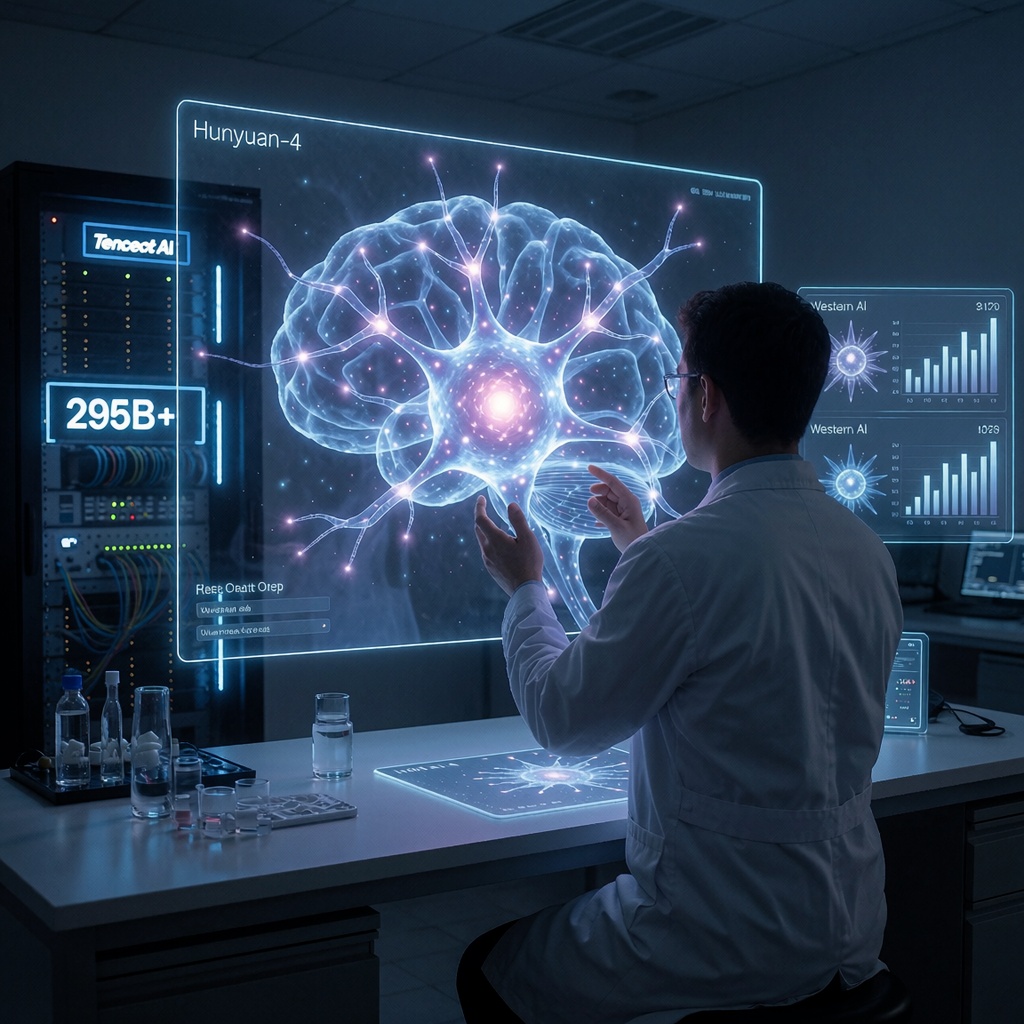 Laboratoire éclairé de près, montrant un chercheur analysant une visualisation neuronale projetée sur une surface transparente, associée au modèle