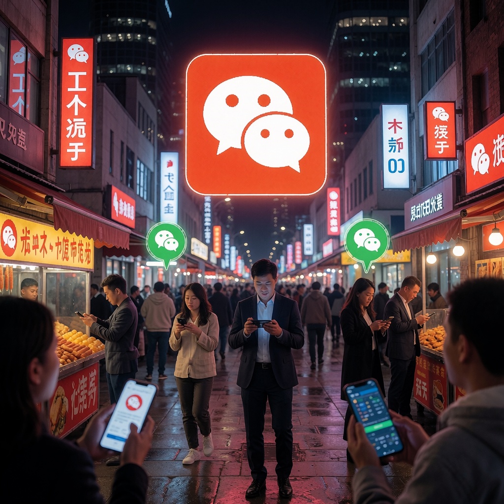 Tencent : 53 milliards pour dominer l’IA et transformer WeChat en assistant omnipotent — image3 Ville chinoise animée la nuit, où l’icône rouge de WeChat semble flotter au-dessus d’une foule diversifiée utilisant l’appli pour les paiements, les jeux ou les publicités ciblées. Les néons et reflets sur le bitume soulignent son intégration quotidienne dans la vie sociale et économique. ---