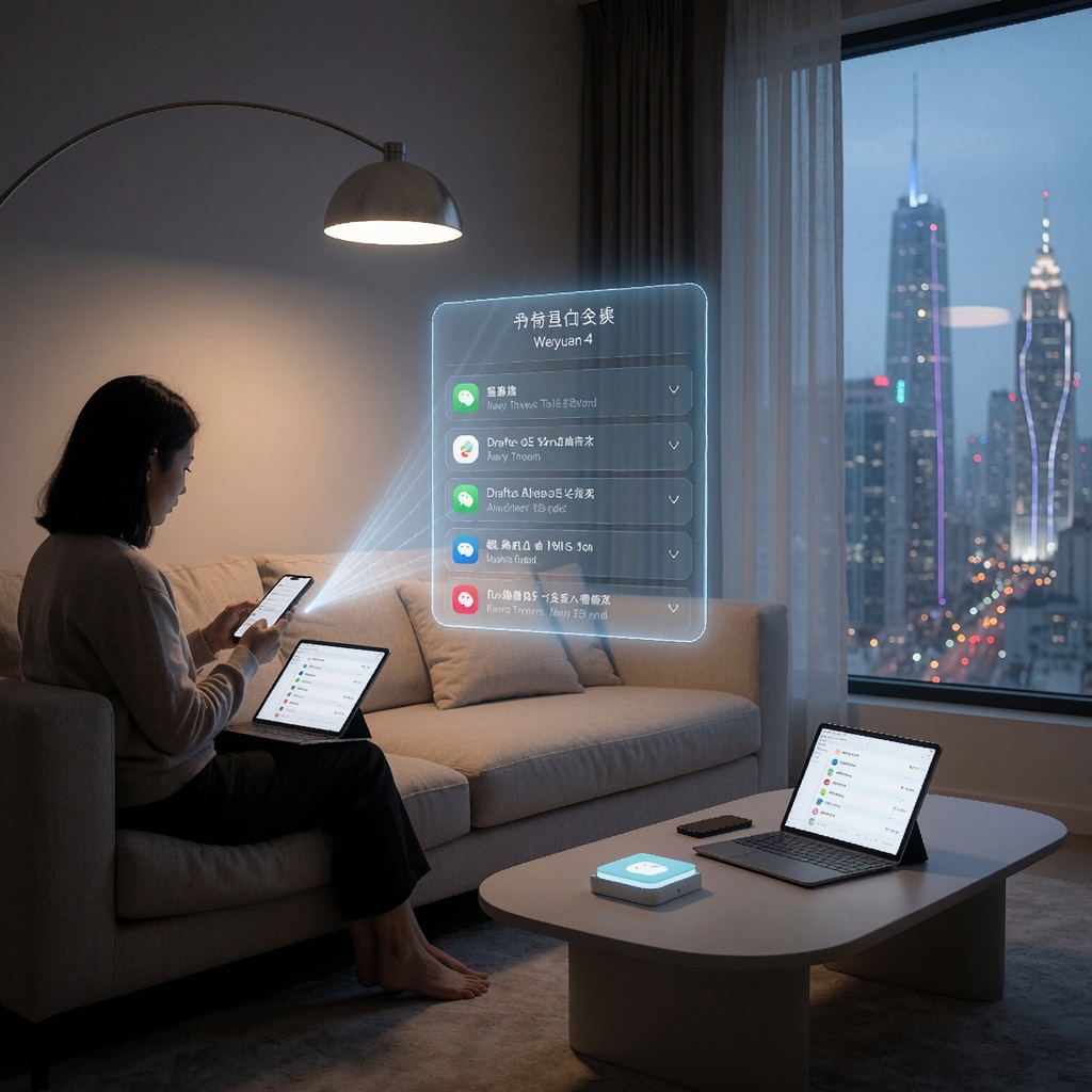 Salon contemporain avec éclairage doux, où un utilisateur interagit avec un assistant WeChat holographique intégrant des fonctionnalités IA avancées (comme Hunyuan-4) pour gérer des tâches quotidiennes. À l’extérieur, une ville futuriste reflète la normalisation progressive de ces technologies dans la vie privée. ---