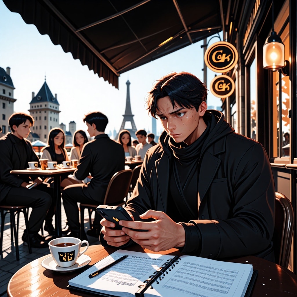 Ton admin fiscale a été piratée : 1,8 million de comptes en danger (et tu risques d’être dedans !) — image3 Café parisien en lumière dorée avec un homme vérifiant son téléphone à une table extérieure, notant des alertes de sécurité dans un carnet. Lumière naturelle et éclairage ambiant harmonisés pour un rendu réaliste. ---