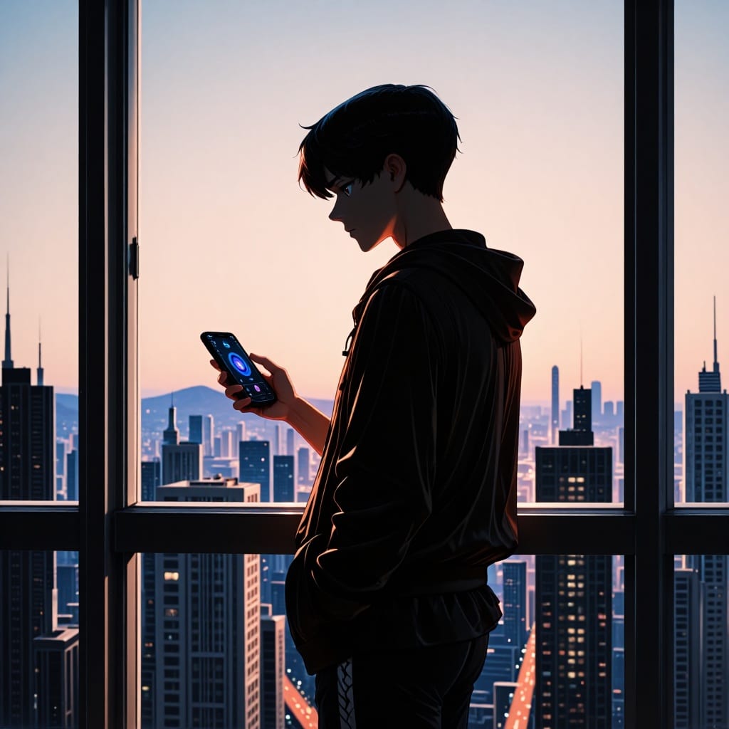 Portrait minimaliste d’une personne devant une grande fenêtre sur une ville au crépuscule, tenant un smartphone tout en vérifiant une notification de sécurité. Silhouette éclairée par la lumière rasante du coucher de soleil. ---