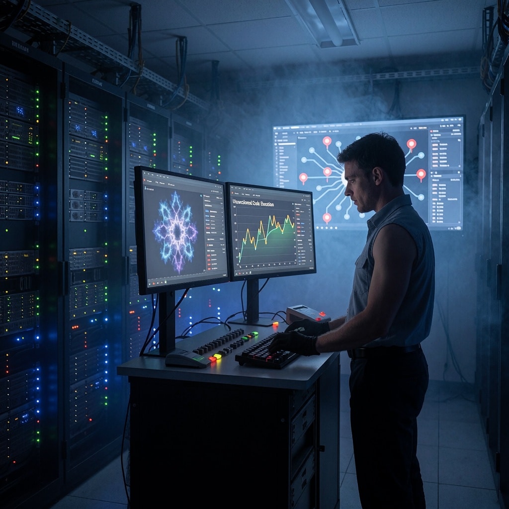 Un technicien de sécurité examine en temps réel les alertes d’un modèle d’IA dans une salle de serveurs surchargée, où des lumières bleues et vertes pulsent sur des baies informatiques. Une interface montre un graphique de comportements anormaux et un système de surveillance en mode crise. ---