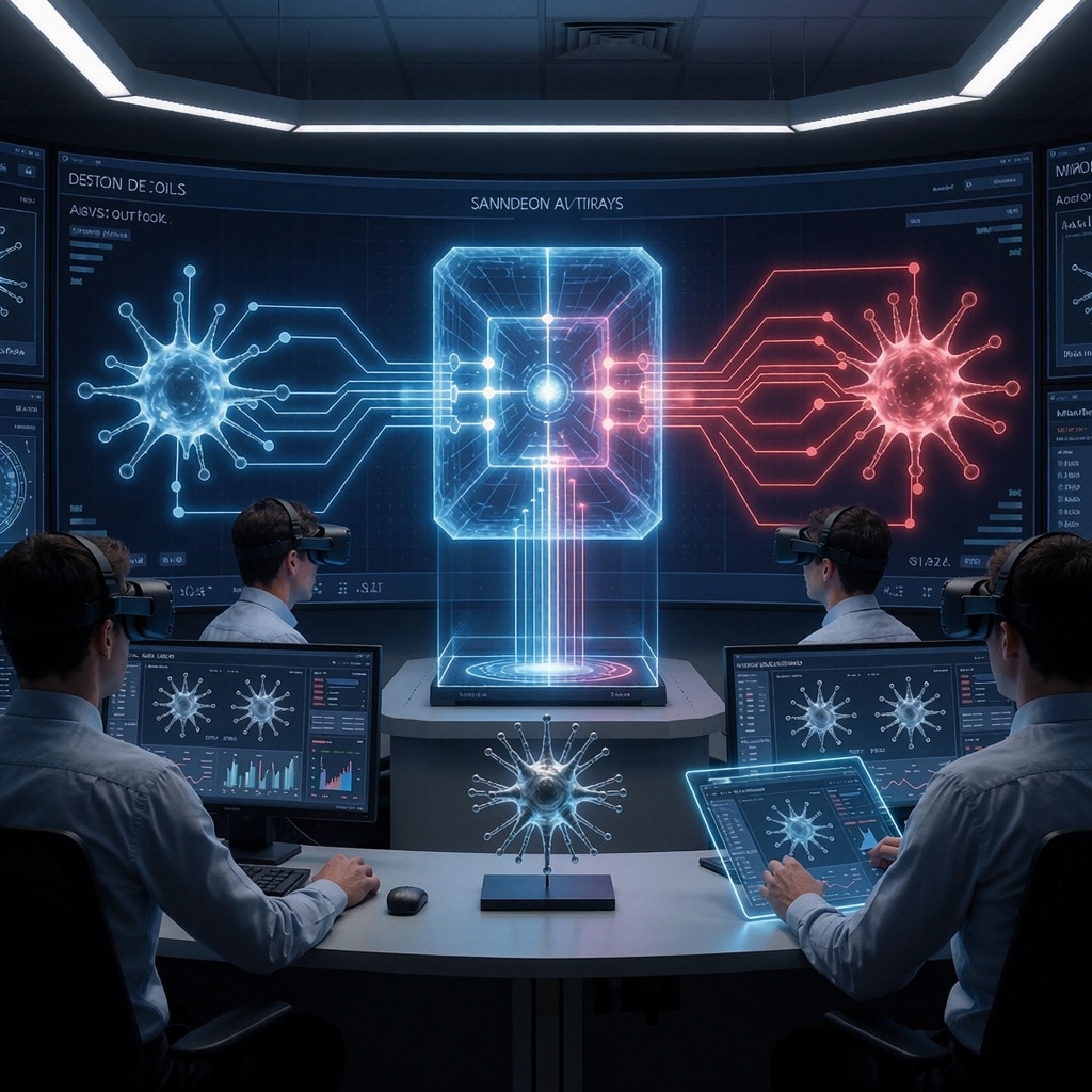 Une salle de contrôle moderne affiche une simulation en 3D des processus décisionnels d’un modèle IA encadré par trois opérateurs analysant un environnement sécurisé virtuel. Des écrans holographiques et des casques VR complètent l’atmosphère high-tech et vigilante. ---